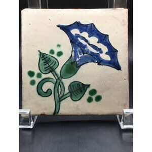 Vintage Mexican Talavera Tile Ceramic Blue Floral Green Foliage Design 4.5"x4.5"